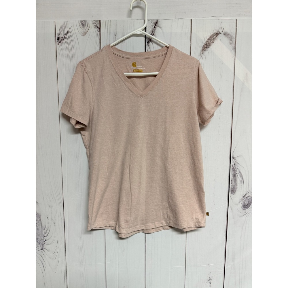 Carhartt Women Relaxed Fit V-Neck T-Shirt Large Pink Heather Cotton Blend